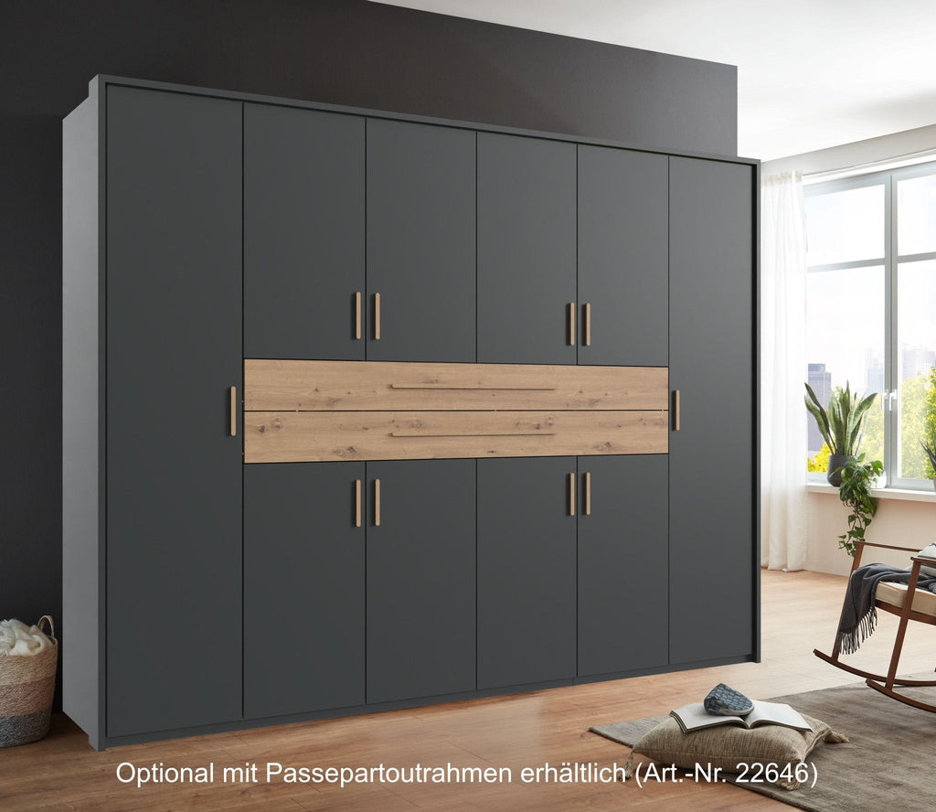 Drehtürenschrank Kleiderschrank B270/H208/T58 cm in Grafit mit 2 großen Schubkästen in Eiche Artisan Dekor / 22643