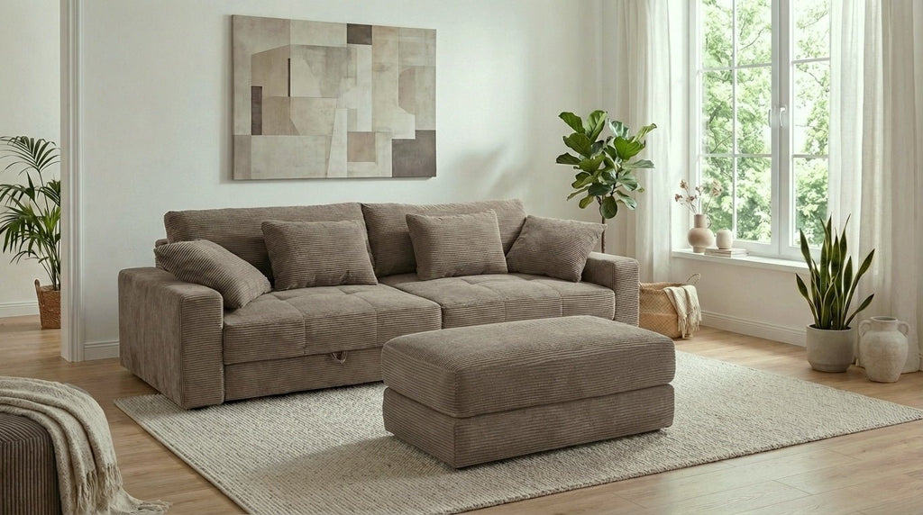 Big-Sofa mit 2 Bettkästen, Wellenunterfederung, Cord-Bezug Braun Taupe / 15264