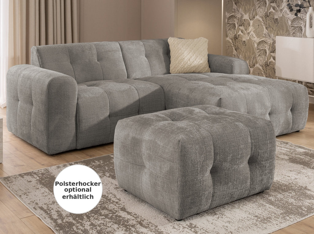 Ecksofa mit raffinierten Steppungen und Ottomane rechts, Wellenunterfederung, Chenille-Bezug Braun Taupe / 21041
