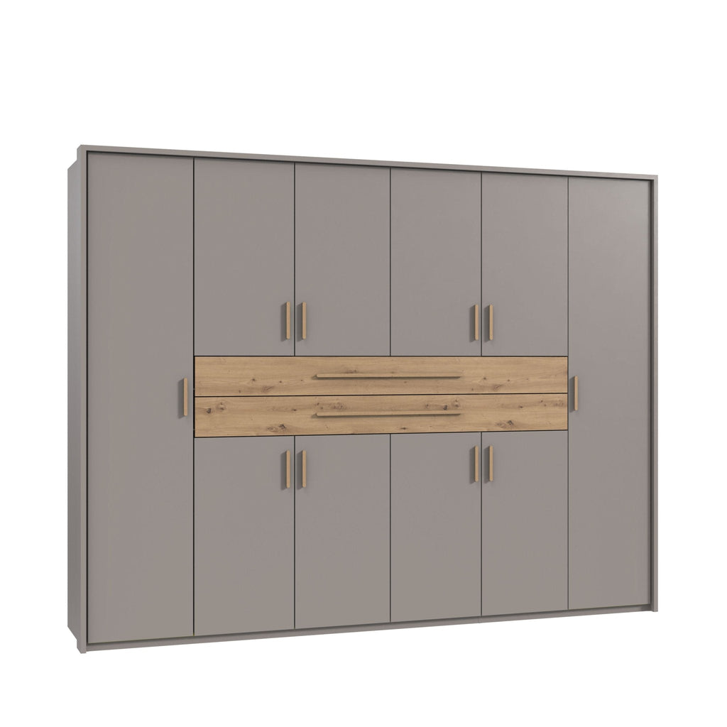 Drehtürenschrank Kleiderschrank B273/H210/T58 cm in Sandgrau mit  2 großen Schubkästen in Eiche Artisan Dekor / 22644