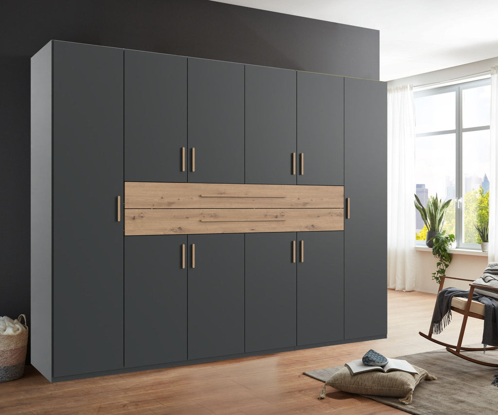 Drehtürenschrank Kleiderschrank B270/H208/T58 cm in Grafit mit 2 großen Schubkästen in Eiche Artisan Dekor / 22643