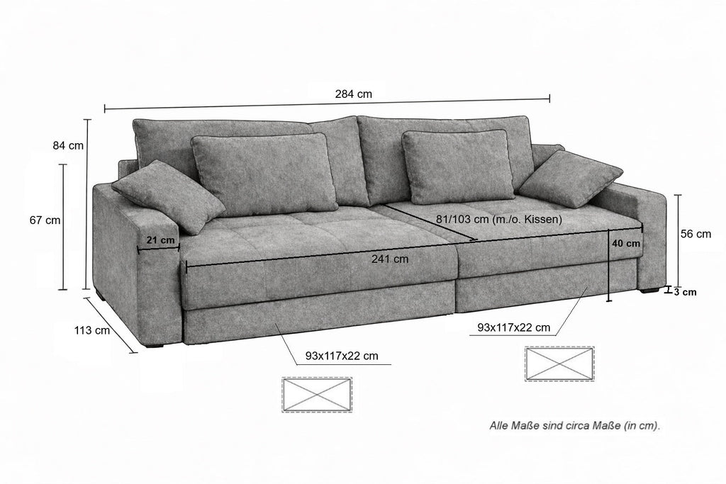 Big-Sofa mit 2 Bettkästen, Wellenunterfederung, Cord-Bezug Braun Taupe / 15264