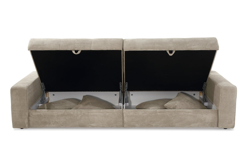 Big-Sofa mit 2 Bettkästen, Wellenunterfederung, Cord-Bezug Beige Grau / 15263