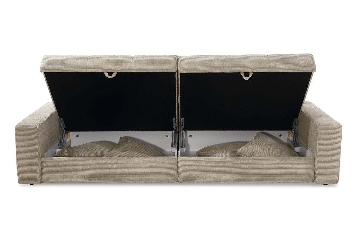 Big-Sofa mit 2 Bettkästen, Wellenunterfederung, Cord-Bezug Beige Grau / 15263