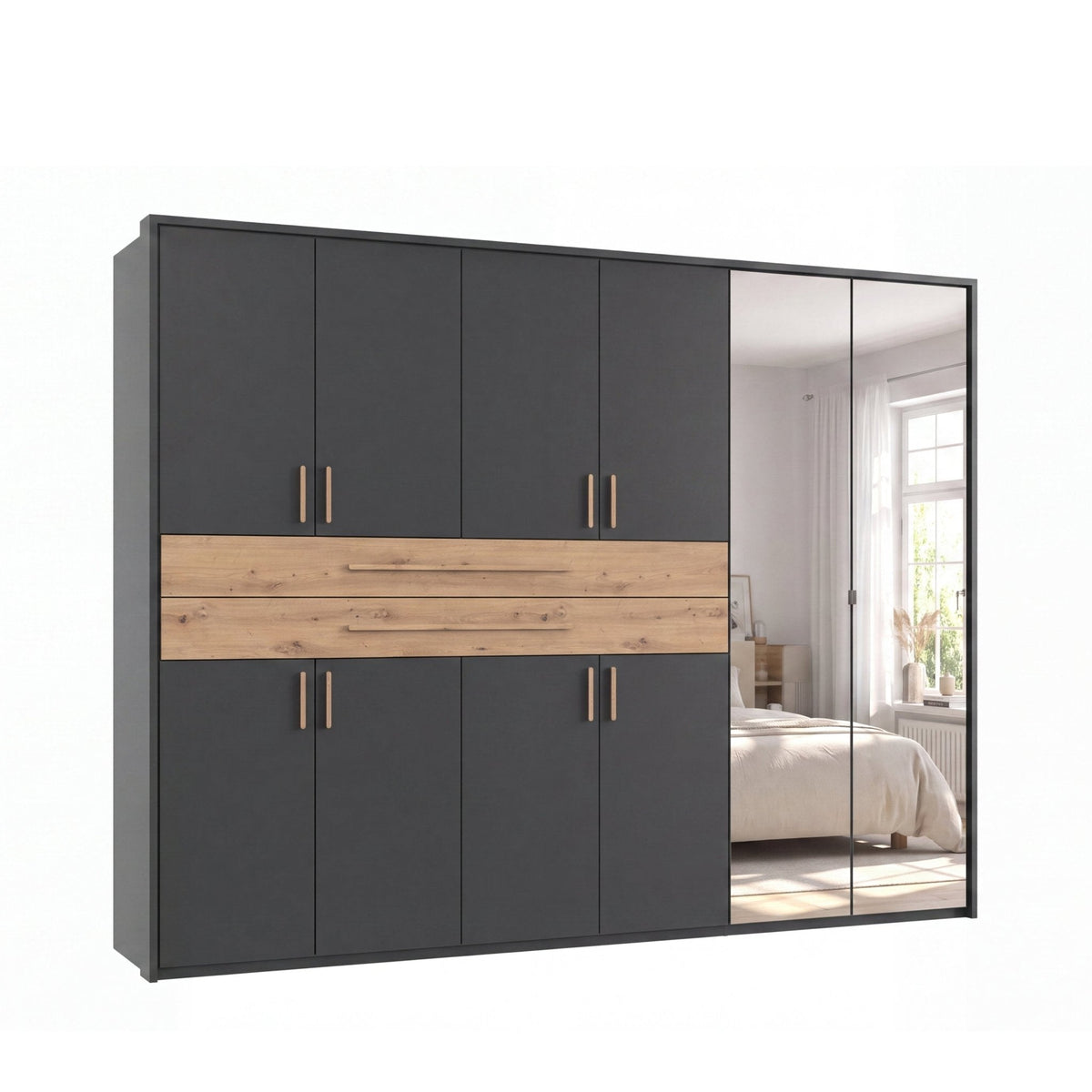 Drehtürenschrank Kleiderschrank B273/H210/T58 cm in Grafit mit 2 großen Schubkästen in Eiche Artisan Dekor, Passepartout & 2 Spiegel / 22652