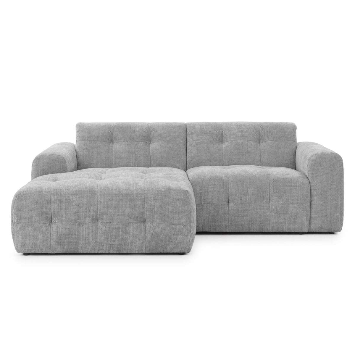 Ecksofa mit raffinierten Steppungen und Ottomane links, Wellenunterfederung, Chenille-Bezug Hellgrau / 21044