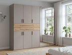 Drehtürenschrank Kleiderschrank B225/H208/T58 cm in Sandgrau mit 2 großen Schubkästen in Eiche Artisan Dekor & 2 Spiegeln / 22635