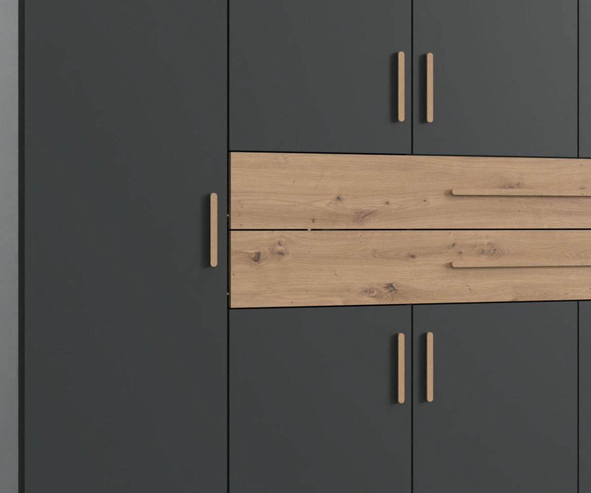 Drehtürenschrank Kleiderschrank B270/H208/T58 cm in Grafit mit 2 großen Schubkästen in Eiche Artisan Dekor / 22643
