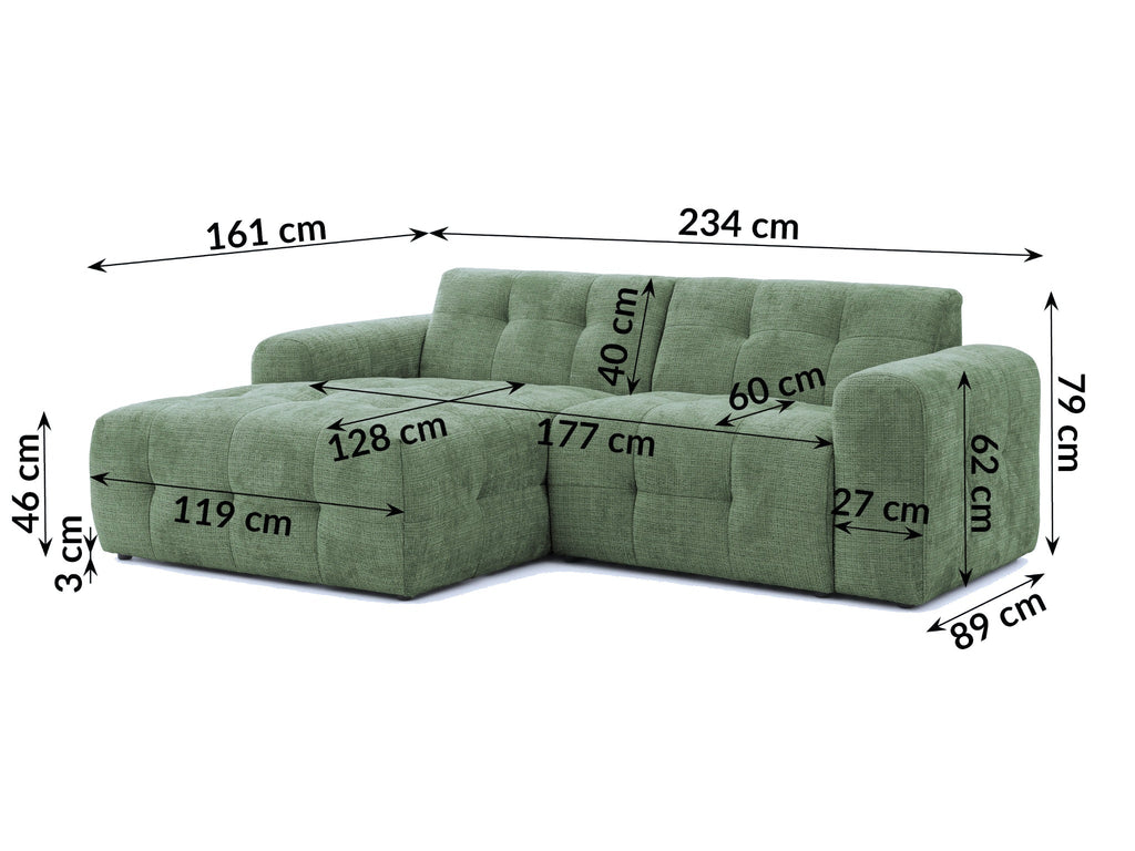 Ecksofa mit raffinierten Steppungen und Ottomane links, Wellenunterfederung, Chenille-Bezug Grün / 21040