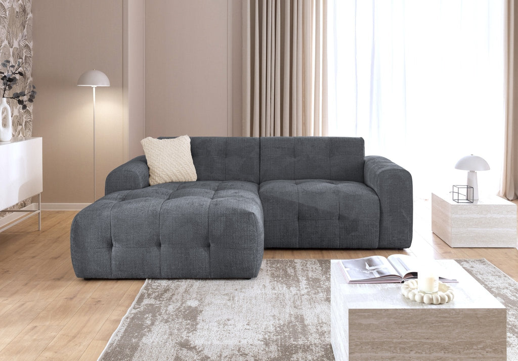Ecksofa mit raffinierten Steppungen und Ottomane links, Wellenunterfederung, Chenille-Bezug Grau / 21046