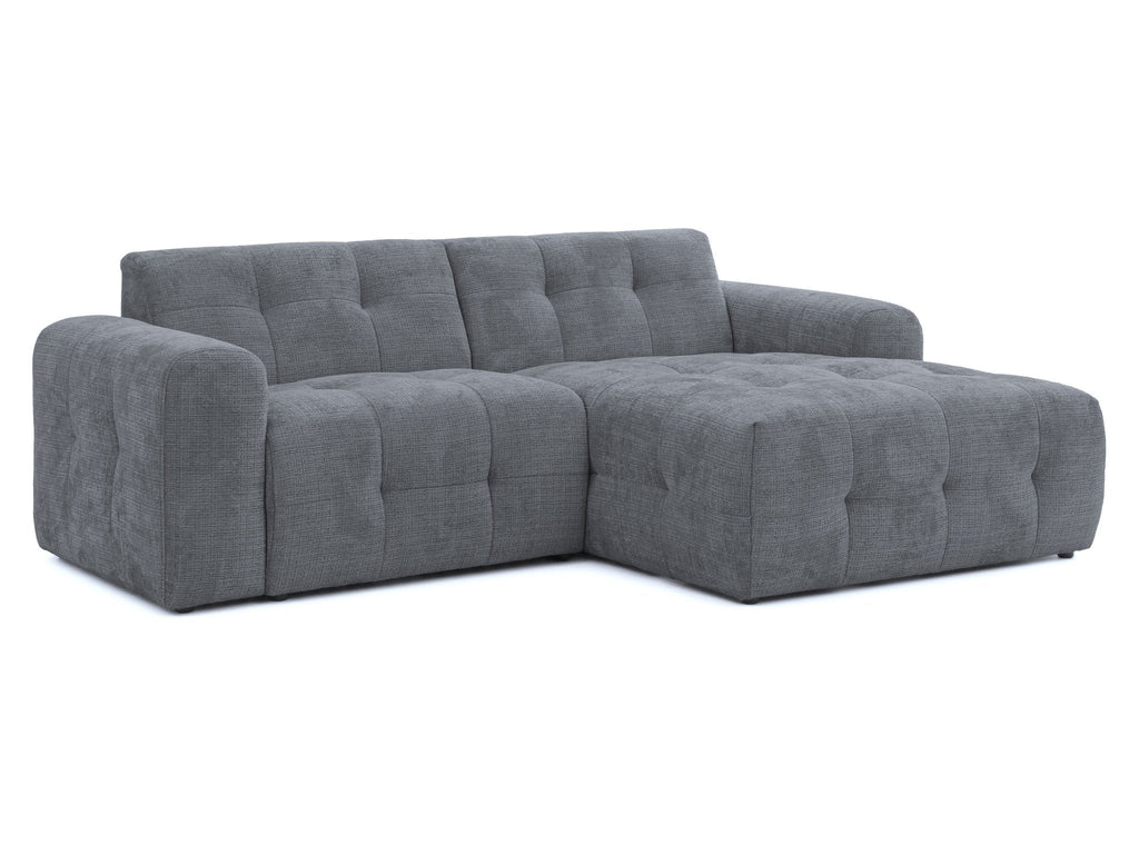 Ecksofa mit raffinierten Steppungen und Ottomane rechts, Wellenunterfederung, Chenille-Bezug Grau / 21045