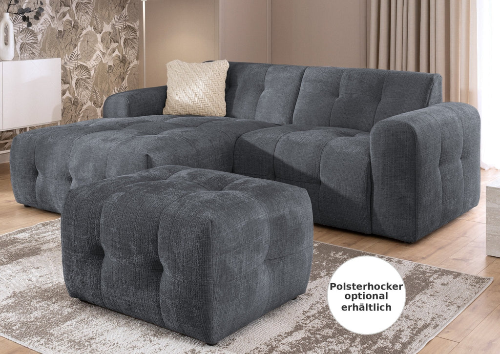 Ecksofa mit raffinierten Steppungen und Ottomane links, Wellenunterfederung, Chenille-Bezug Grau / 21046