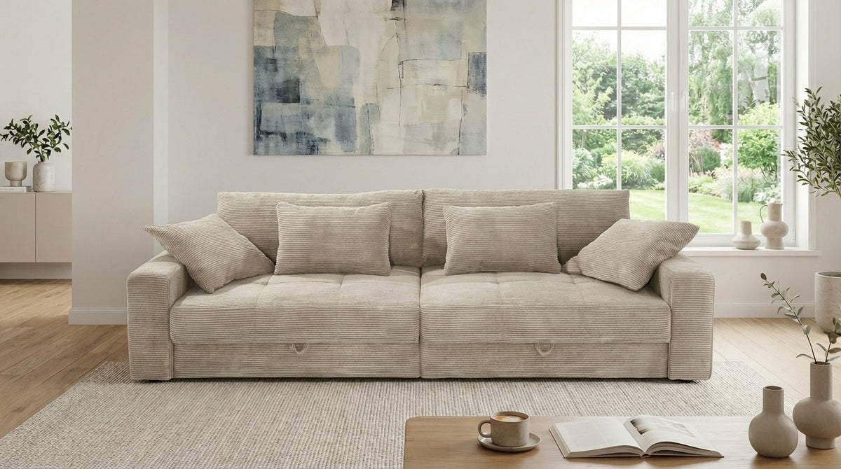 Big-Sofa mit 2 Bettkästen, Wellenunterfederung, Cord-Bezug Beige Grau / 15263