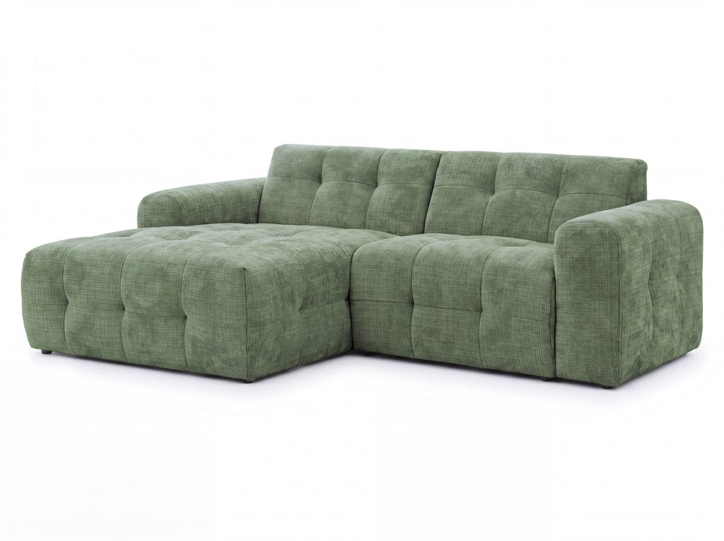 Ecksofa mit raffinierten Steppungen und Ottomane links, Wellenunterfederung, Chenille-Bezug Grün / 21040