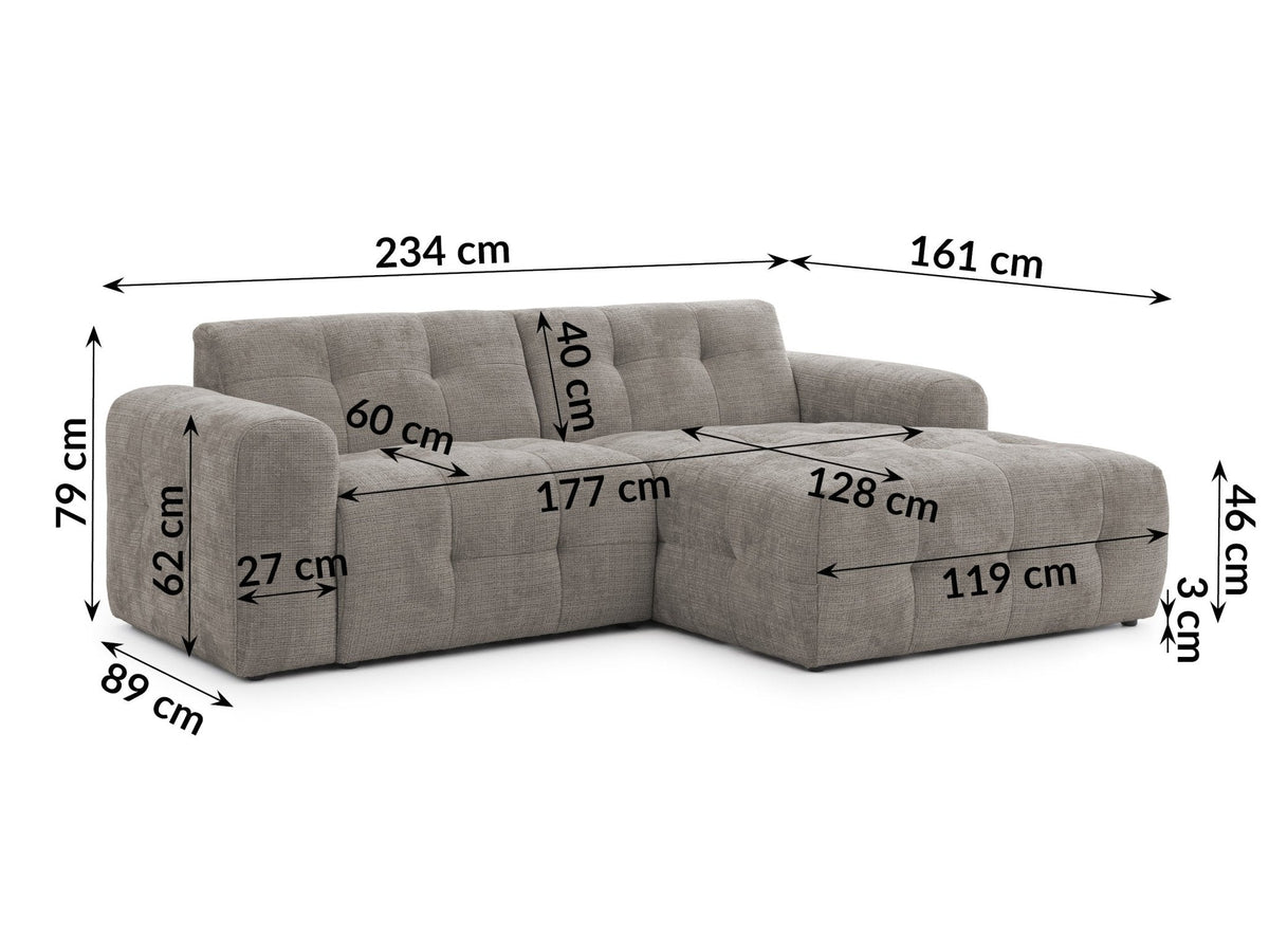 Ecksofa mit raffinierten Steppungen und Ottomane rechts, Wellenunterfederung, Chenille-Bezug Braun Taupe / 21041