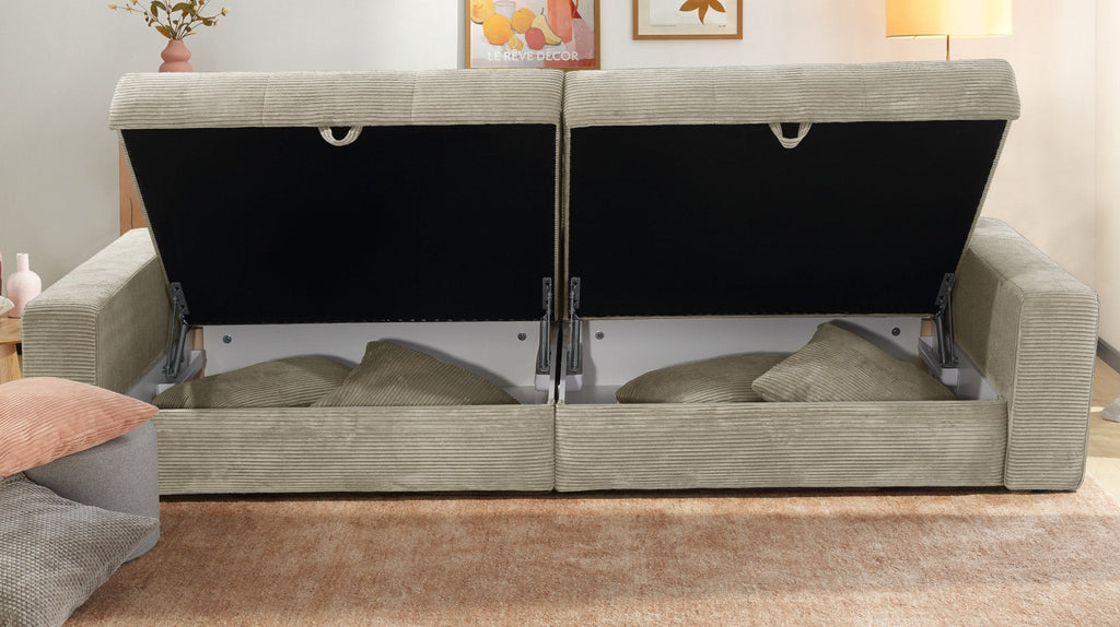 Big-Sofa mit 2 Bettkästen, Wellenunterfederung, Cord-Bezug Beige Grau / 15263