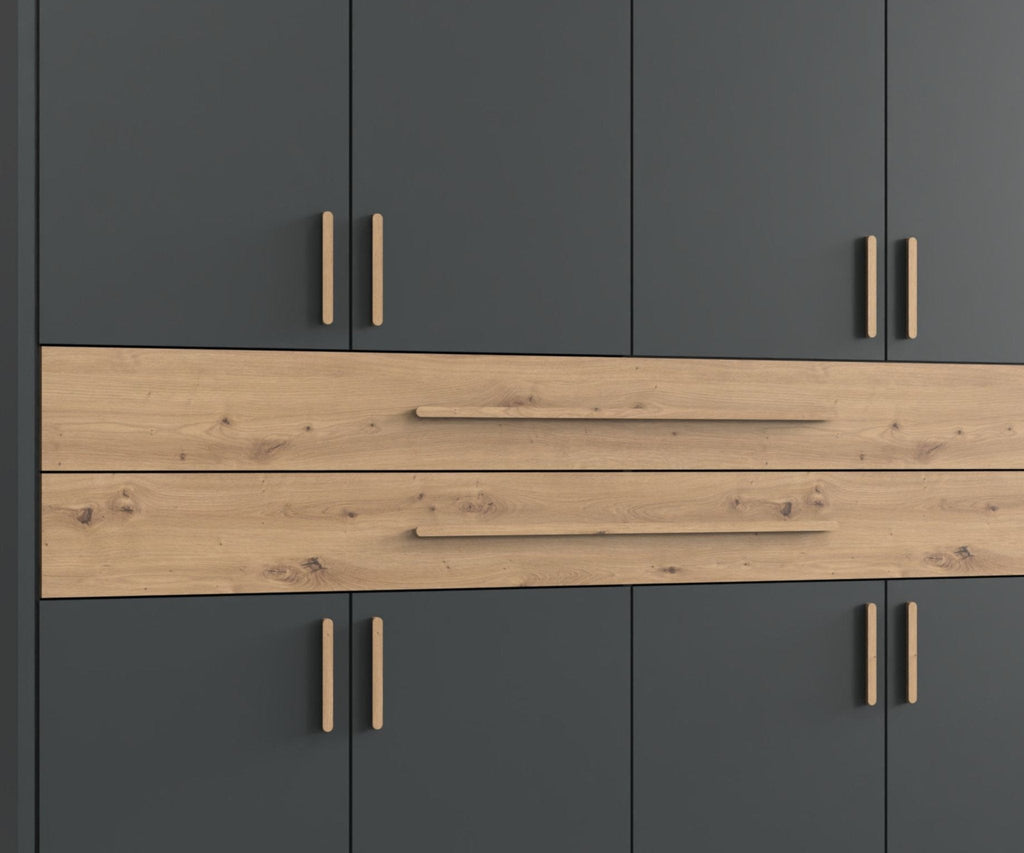 Drehtürenschrank Kleiderschrank B273/H210/T58 cm in Grafit mit 2 großen Schubkästen in Eiche Artisan Dekor, Passepartout & 2 Spiegel / 22652
