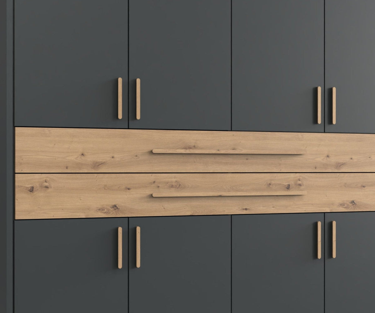 Drehtürenschrank Kleiderschrank B273/H210/T58 cm in Grafit mit 2 großen Schubkästen in Eiche Artisan Dekor, Passepartout & 2 Spiegel / 22652