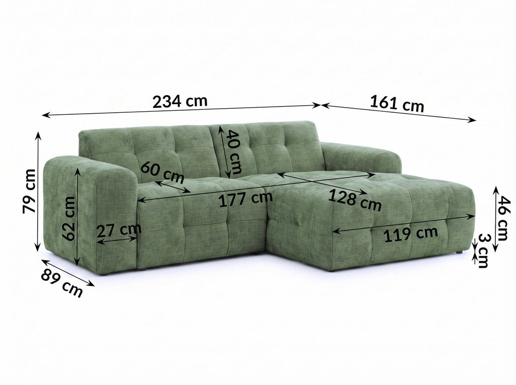 Ecksofa mit raffinierten Steppungen und Ottomane rechts, Wellenunterfederung, Chenille-Bezug Grün / 21039