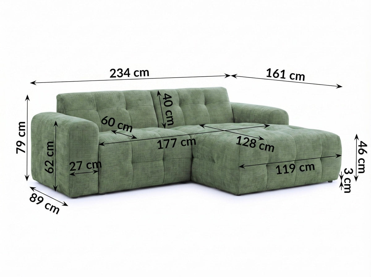 Ecksofa mit raffinierten Steppungen und Ottomane rechts, Wellenunterfederung, Chenille-Bezug Grün / 21039