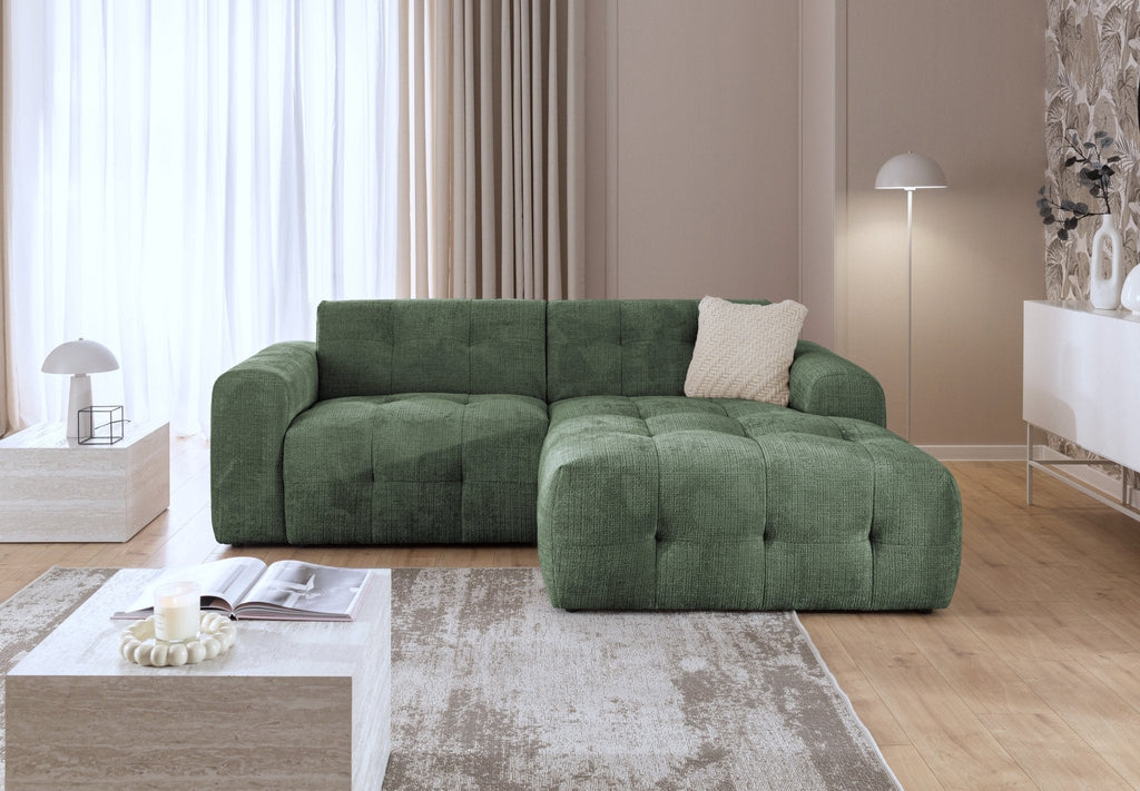 Ecksofa mit raffinierten Steppungen und Ottomane rechts, Wellenunterfederung, Chenille-Bezug Grün / 21039