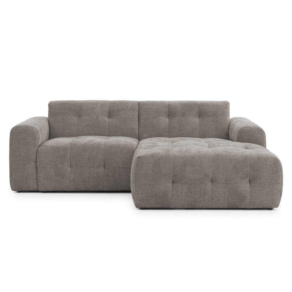 Ecksofa mit raffinierten Steppungen und Ottomane rechts, Wellenunterfederung, Chenille-Bezug Braun Taupe / 21041