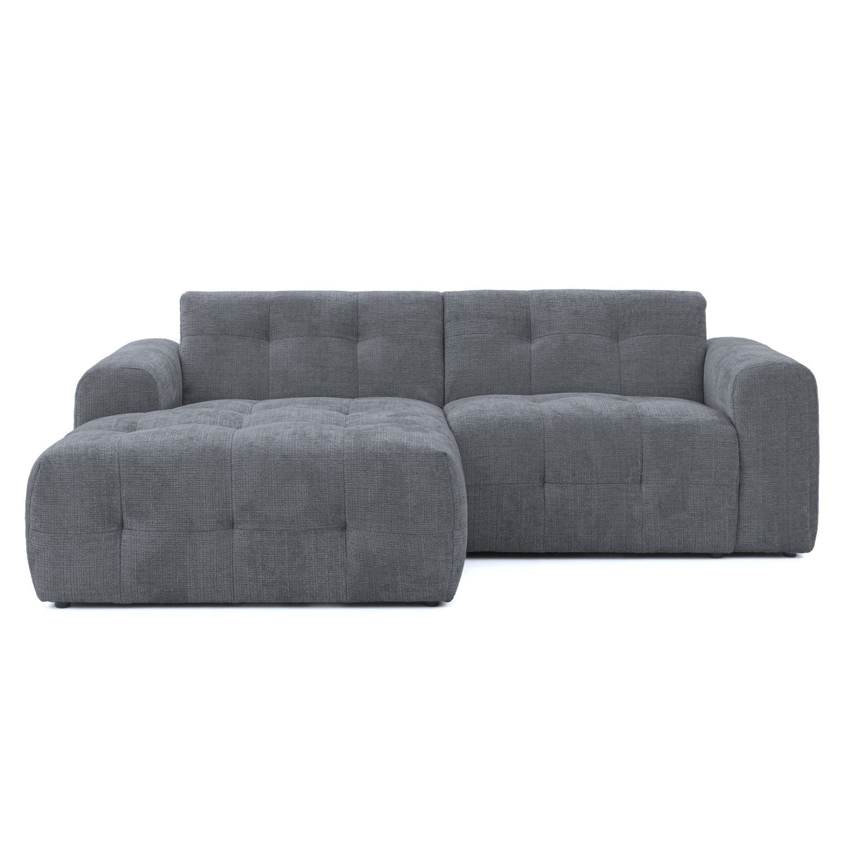 Ecksofa mit raffinierten Steppungen und Ottomane links, Wellenunterfederung, Chenille-Bezug Grau / 21046