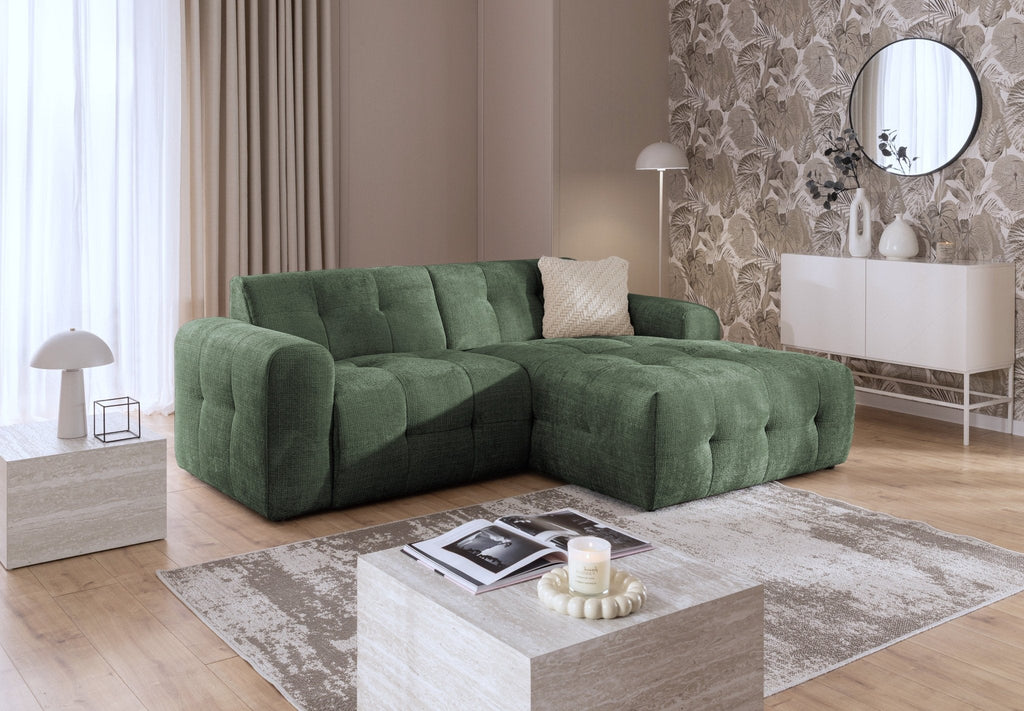 Ecksofa mit raffinierten Steppungen und Ottomane rechts, Wellenunterfederung, Chenille-Bezug Grün / 21039