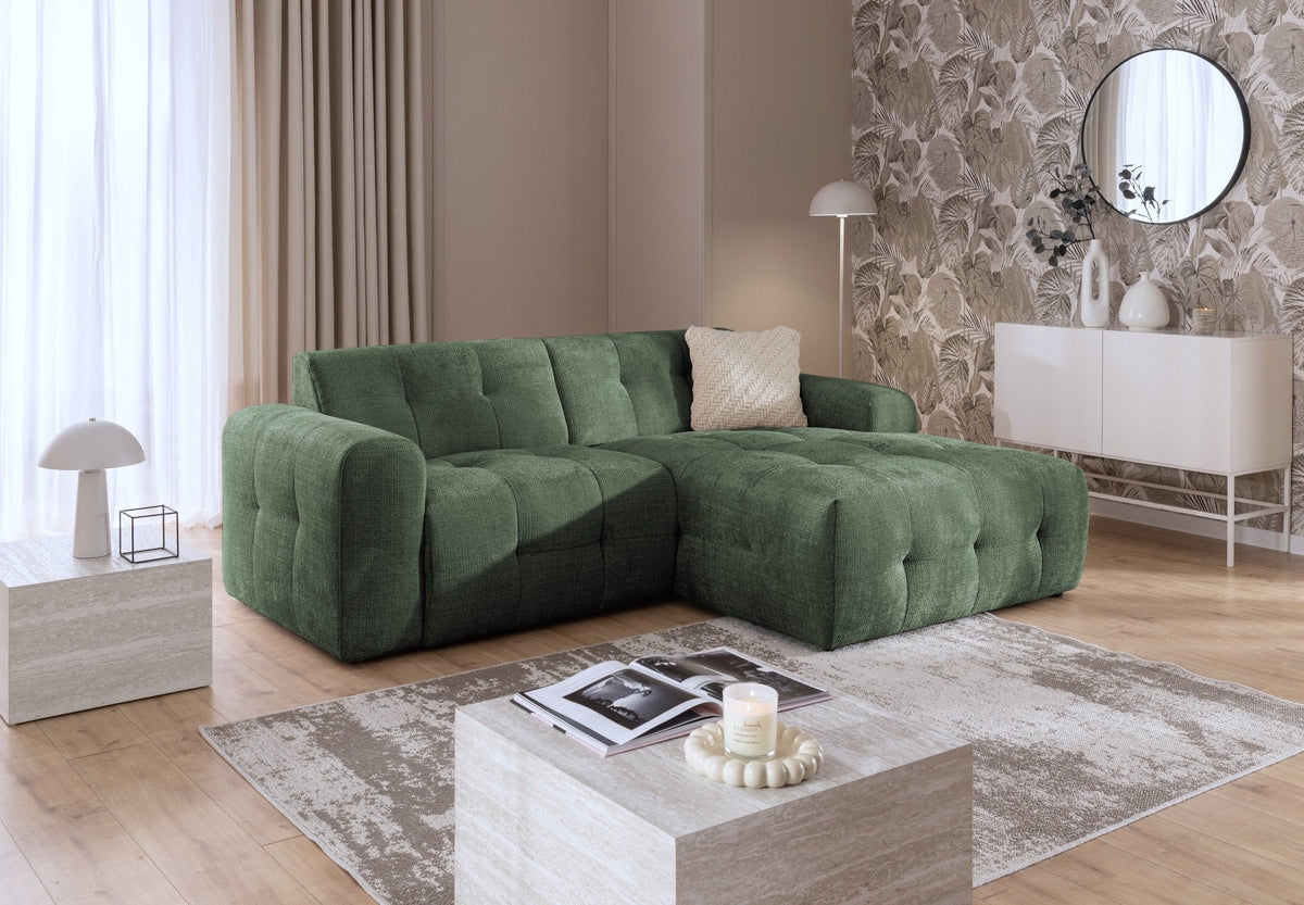Ecksofa mit raffinierten Steppungen und Ottomane rechts, Wellenunterfederung, Chenille-Bezug Grün / 21039