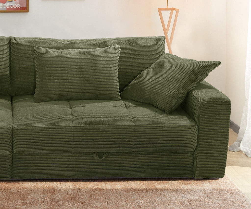 Big-Sofa mit 2 Bettkästen, Wellenunterfederung, Cord-Bezug Grün / 15262