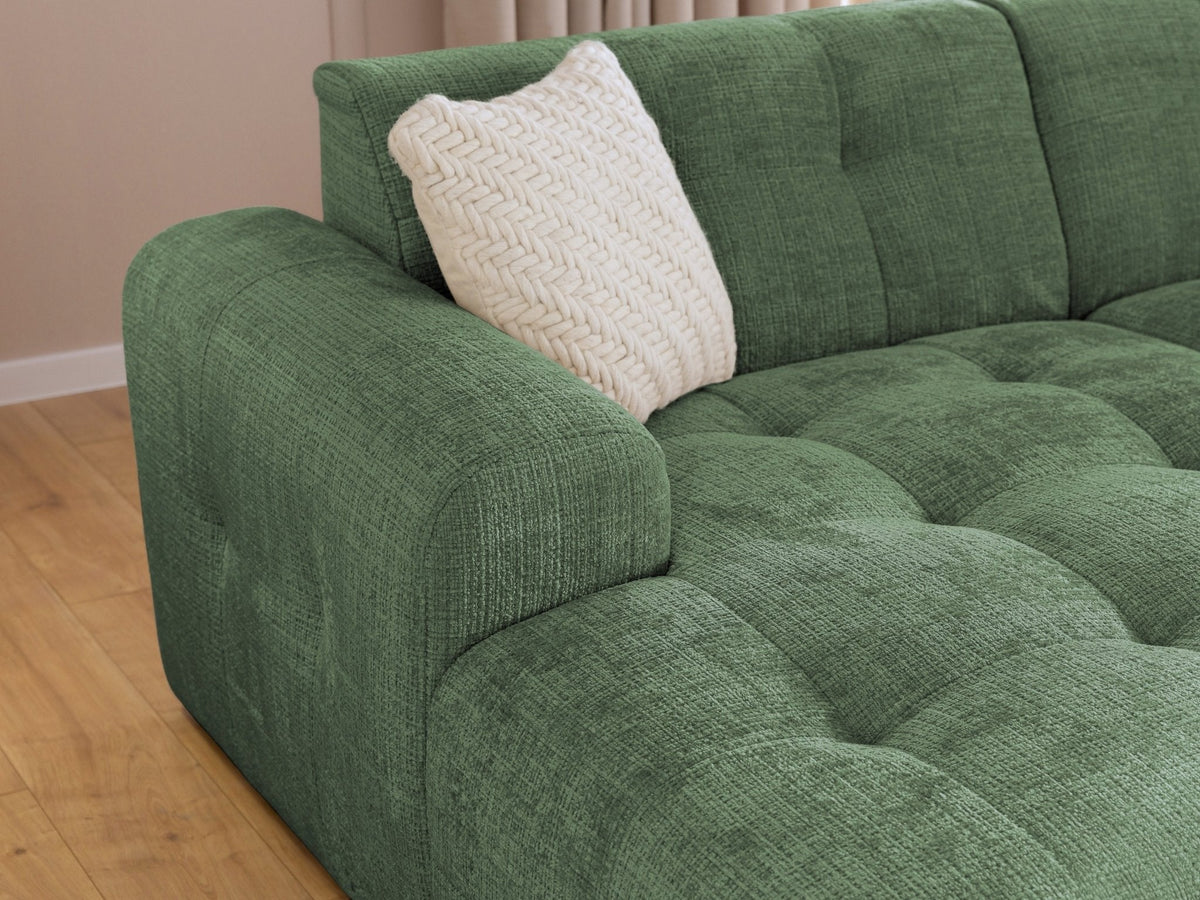 Ecksofa mit raffinierten Steppungen und Ottomane links, Wellenunterfederung, Chenille-Bezug Grün / 21040