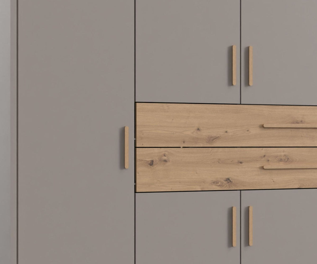 Drehtürenschrank Kleiderschrank B273/H210/T58 cm in Sandgrau mit  2 großen Schubkästen in Eiche Artisan Dekor / 22644
