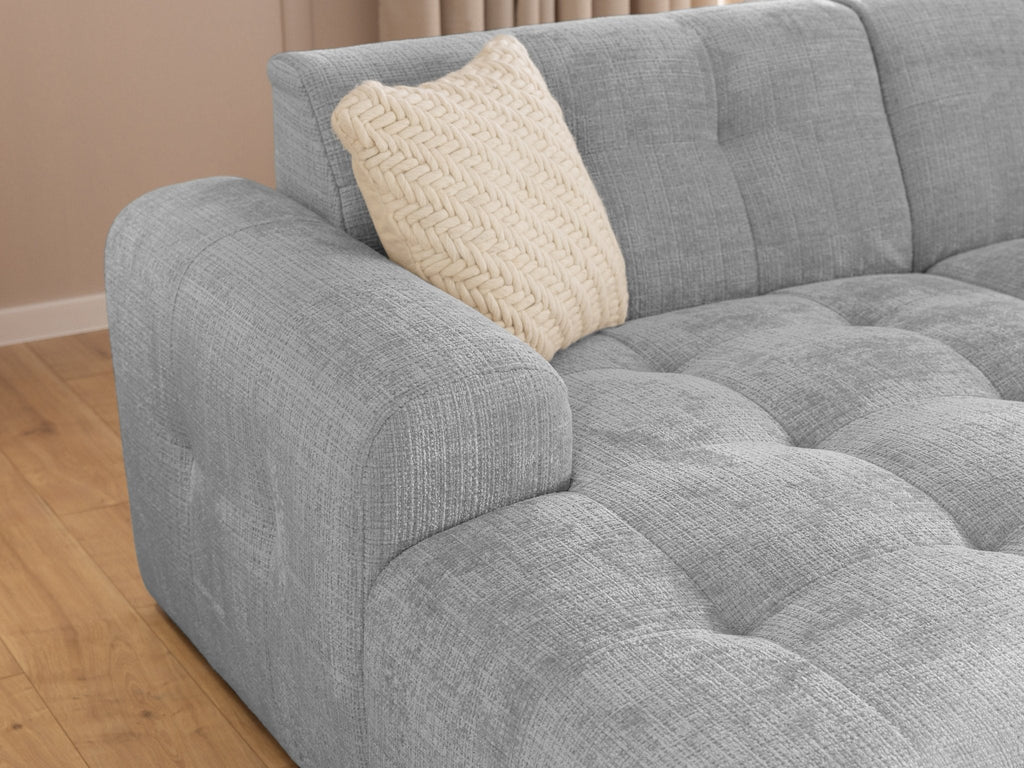 Ecksofa mit raffinierten Steppungen und Ottomane links, Wellenunterfederung, Chenille-Bezug Hellgrau / 21044