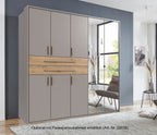 Drehtürenschrank Kleiderschrank B225/H208/T58 cm in Sandgrau mit 2 großen Schubkästen in Eiche Artisan Dekor & 2 Spiegeln / 22635