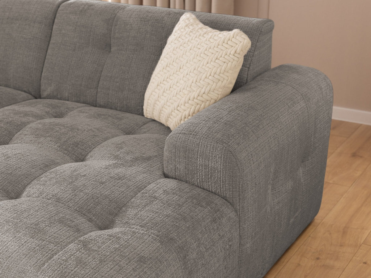 Ecksofa mit raffinierten Steppungen und Ottomane rechts, Wellenunterfederung, Chenille-Bezug Braun Taupe / 21041