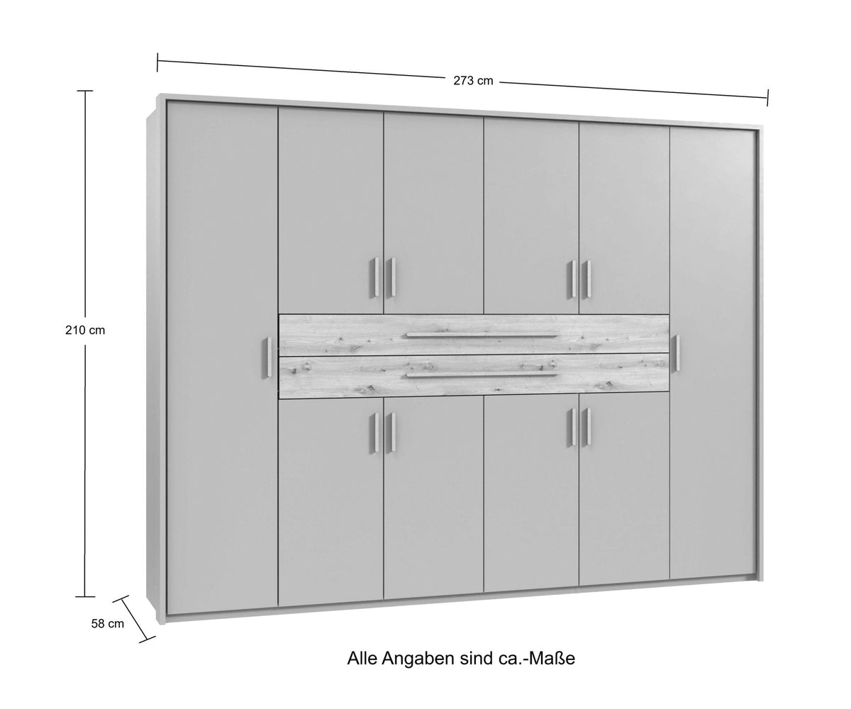 Drehtürenschrank Kleiderschrank B273/H210/T58 cm in Sandgrau mit  2 großen Schubkästen in Eiche Artisan Dekor / 22644