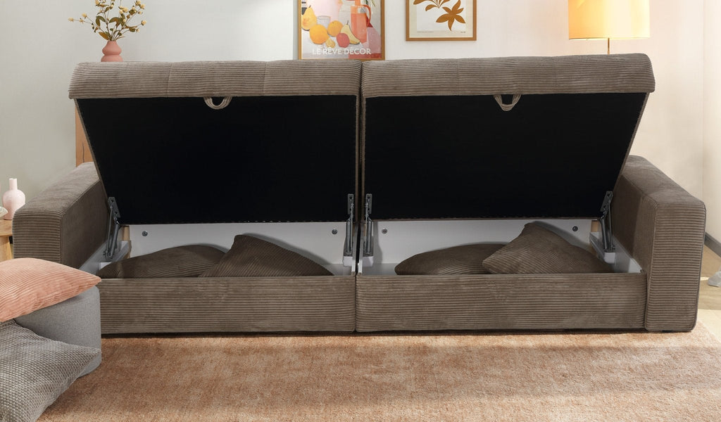 Big-Sofa mit 2 Bettkästen, Wellenunterfederung, Cord-Bezug Braun Taupe / 15264
