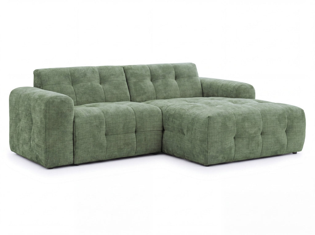 Ecksofa mit raffinierten Steppungen und Ottomane rechts, Wellenunterfederung, Chenille-Bezug Grün / 21039