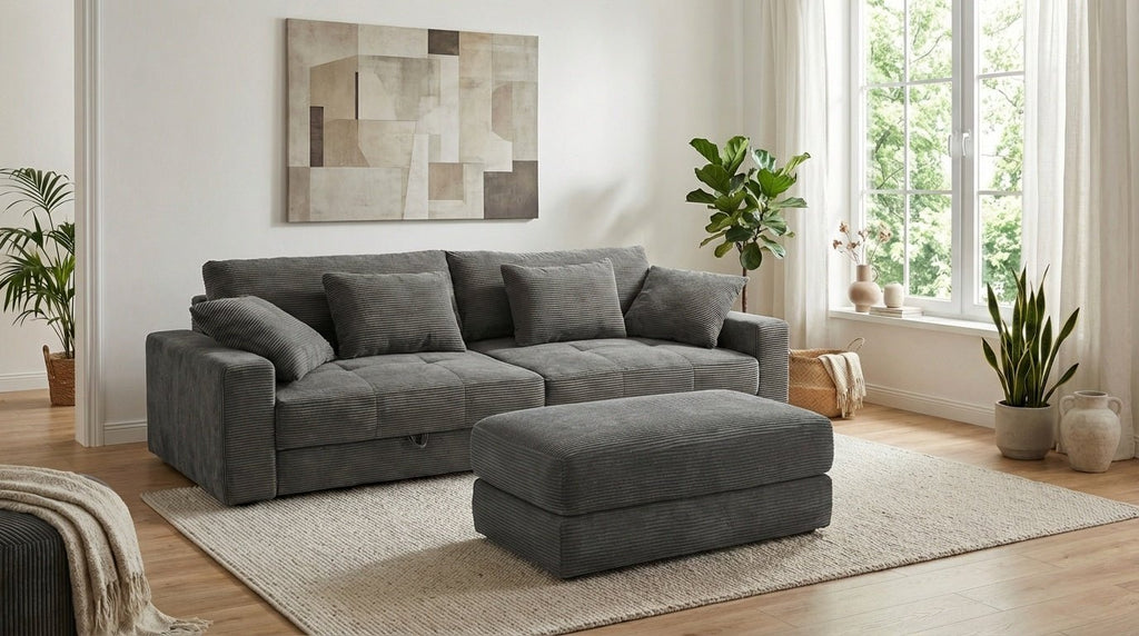 Big-Sofa mit 2 Bettkästen, Wellenunterfederung, Cord-Bezug Dunkelgrau / 15261