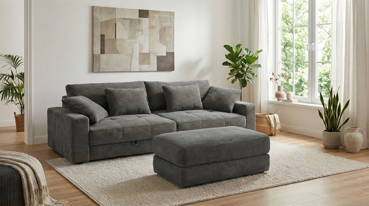 Big-Sofa mit 2 Bettkästen, Wellenunterfederung, Cord-Bezug Dunkelgrau / 15261