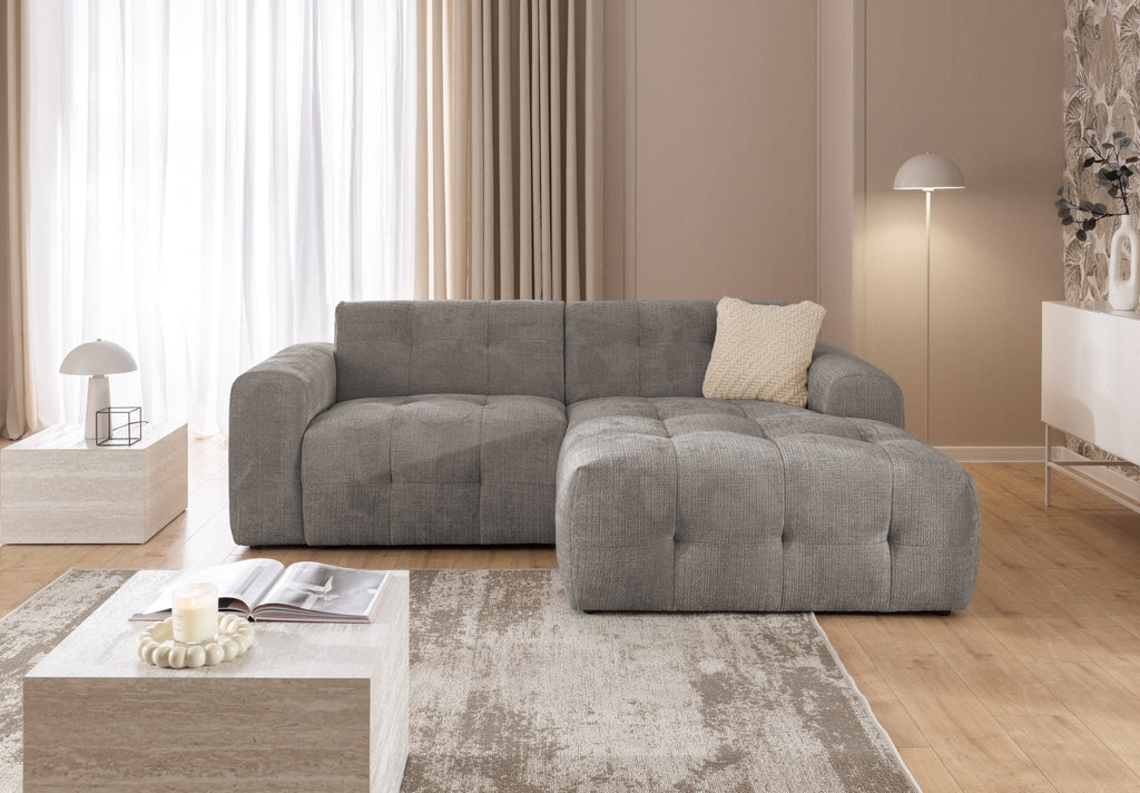Ecksofa mit raffinierten Steppungen und Ottomane rechts, Wellenunterfederung, Chenille-Bezug Braun Taupe / 21041