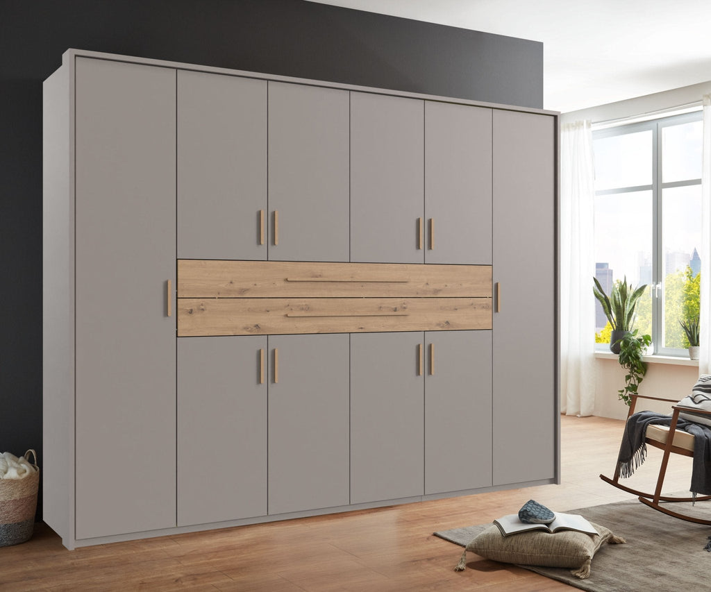Drehtürenschrank Kleiderschrank B273/H210/T58 cm in Sandgrau mit  2 großen Schubkästen in Eiche Artisan Dekor / 22644