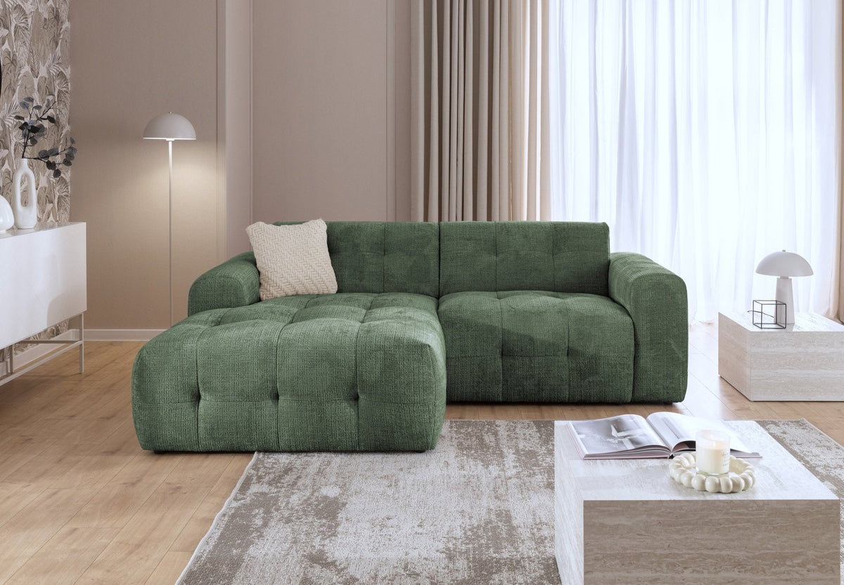Ecksofa mit raffinierten Steppungen und Ottomane links, Wellenunterfederung, Chenille-Bezug Grün / 21040