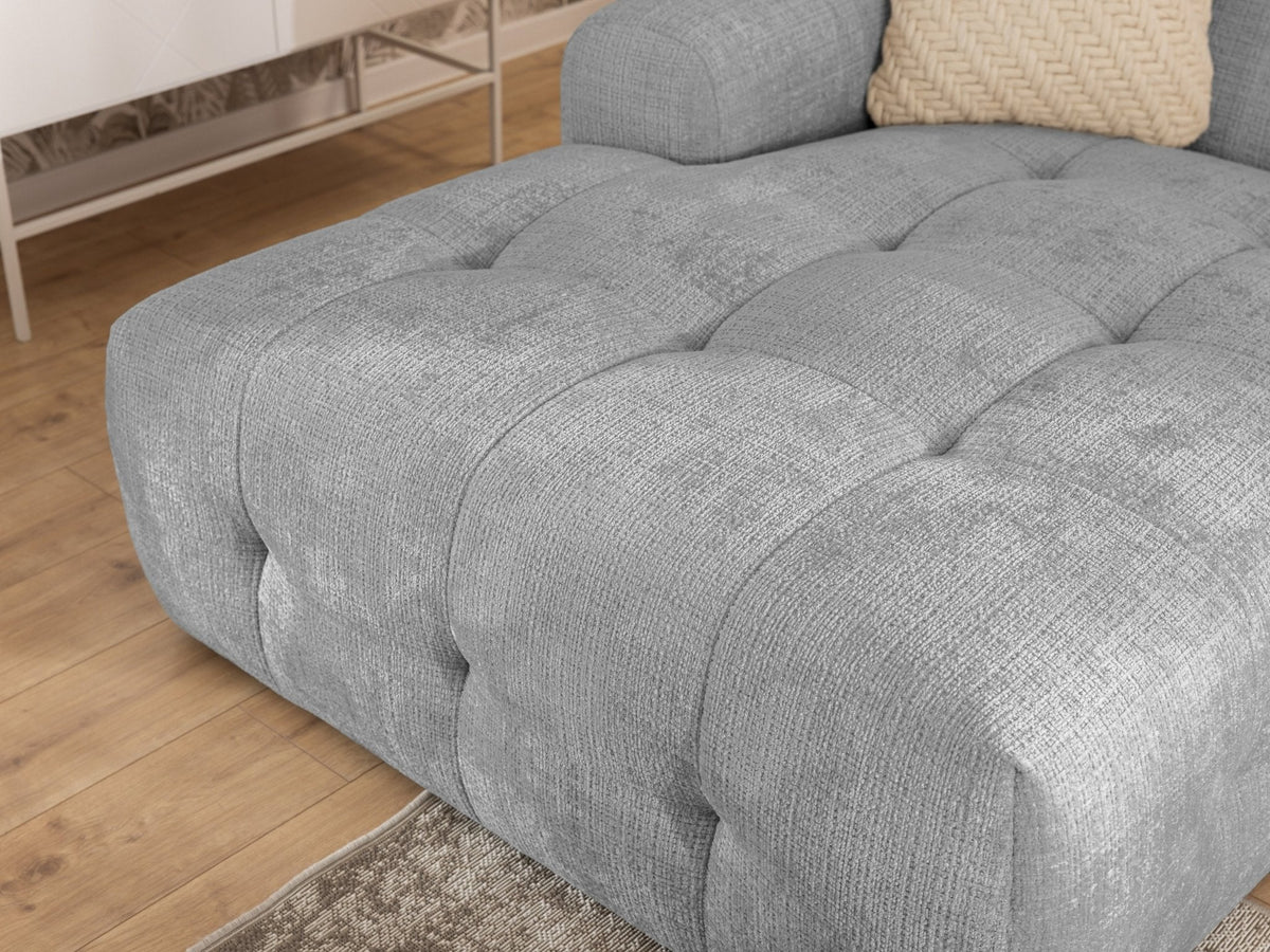 Ecksofa mit raffinierten Steppungen und Ottomane links, Wellenunterfederung, Chenille-Bezug Hellgrau / 21044