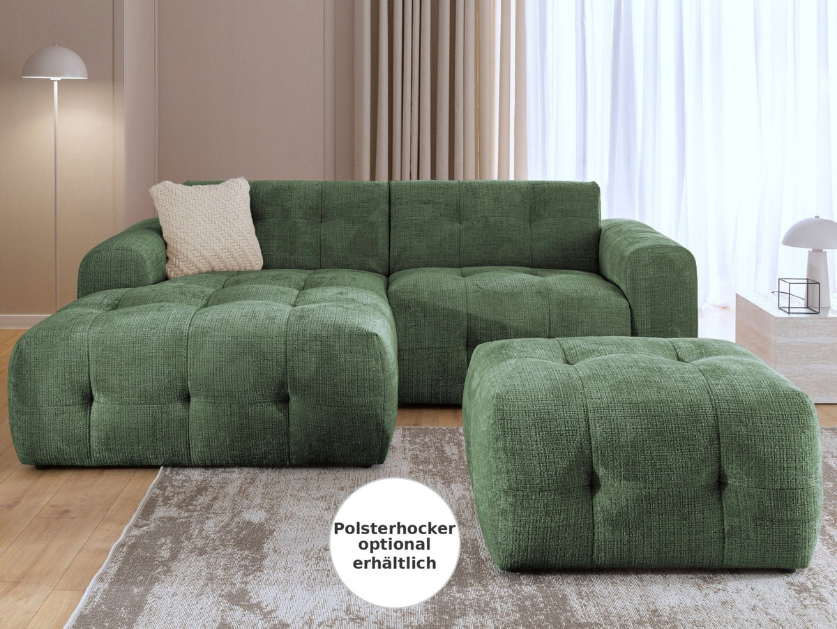 Ecksofa mit raffinierten Steppungen und Ottomane rechts, Wellenunterfederung, Chenille-Bezug Grün / 21039