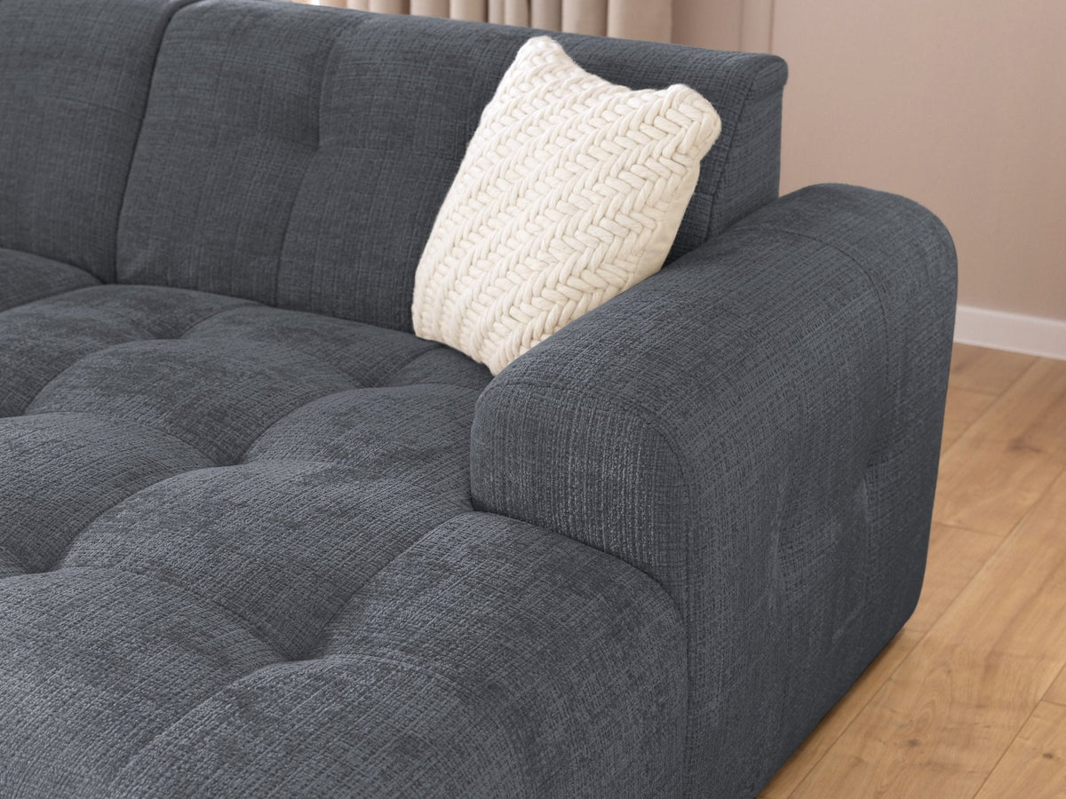 Ecksofa mit raffinierten Steppungen und Ottomane rechts, Wellenunterfederung, Chenille-Bezug Grau / 21045