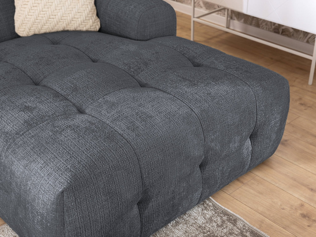 Ecksofa mit raffinierten Steppungen und Ottomane rechts, Wellenunterfederung, Chenille-Bezug Grau / 21045