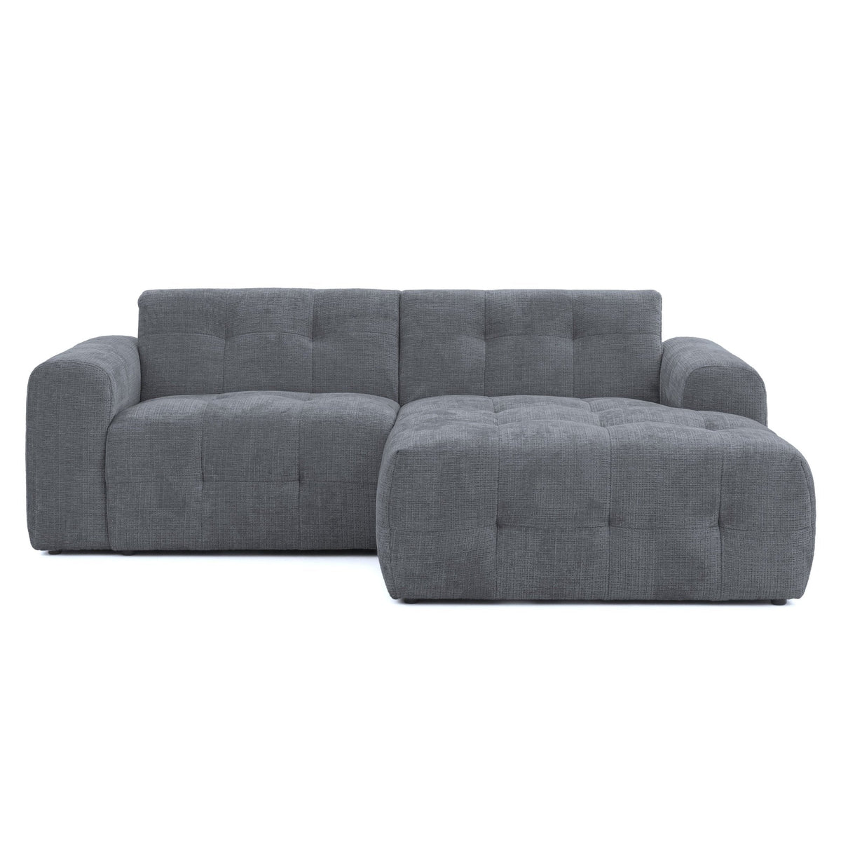 Ecksofa mit raffinierten Steppungen und Ottomane rechts, Wellenunterfederung, Chenille-Bezug Grau / 21045