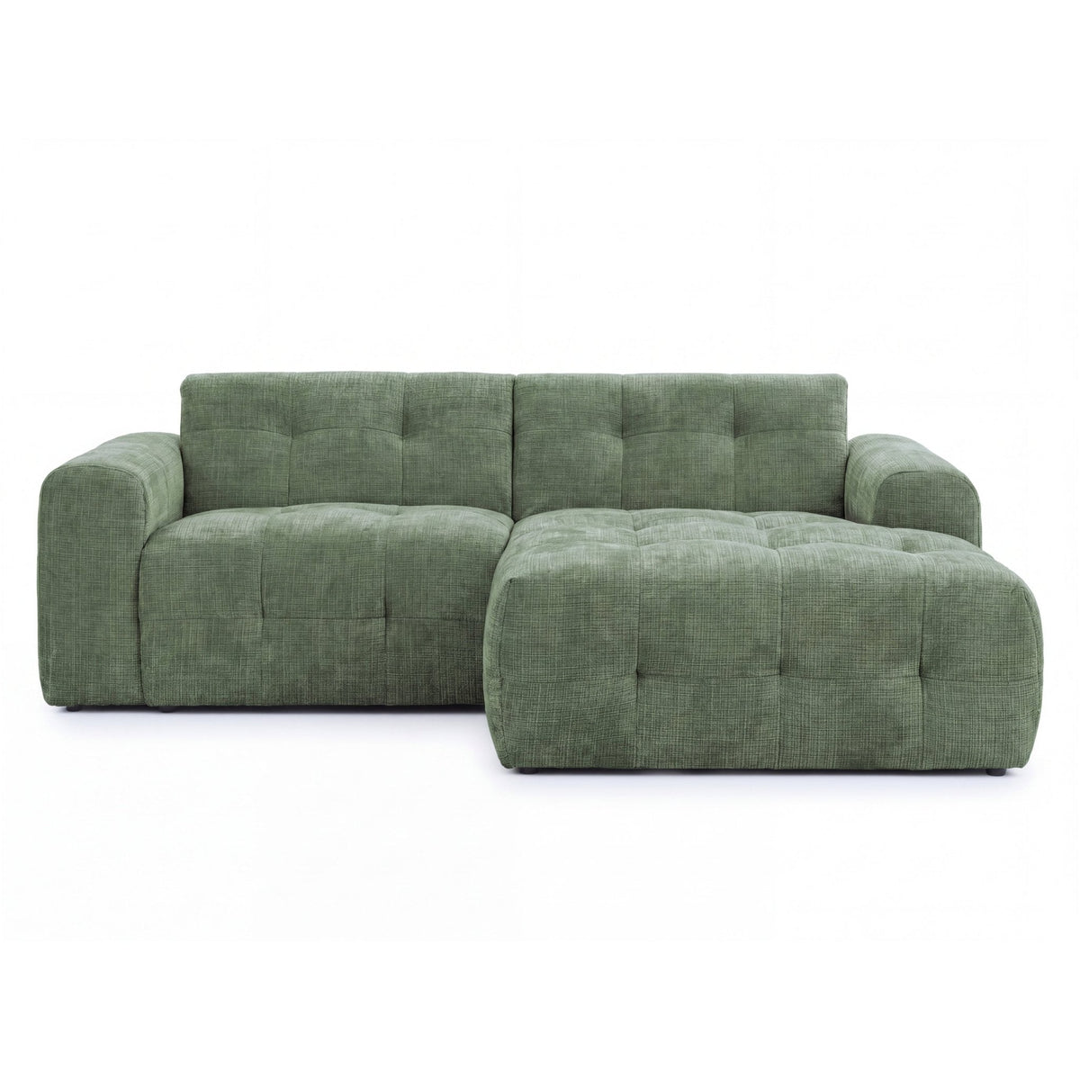 Ecksofa mit raffinierten Steppungen und Ottomane rechts, Wellenunterfederung, Chenille-Bezug Grün / 21039