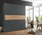 Drehtürenschrank Kleiderschrank B273/H210/T58 cm in Grafit mit 2 großen Schubkästen in Eiche Artisan Dekor, Passepartout & 2 Spiegel / 22652